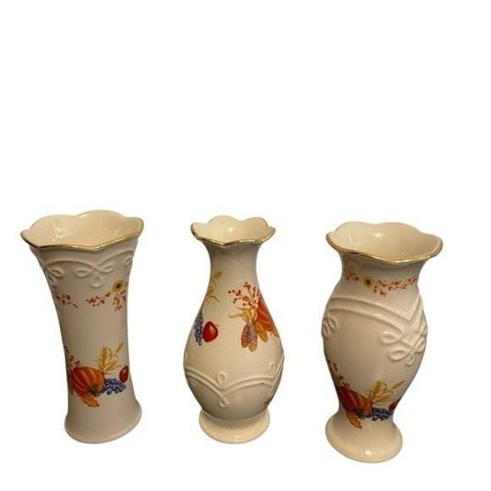 Lenox Harvest Set of 3 Porcelain Bud Vases Gold Trim Pumpkin Autumn Decor